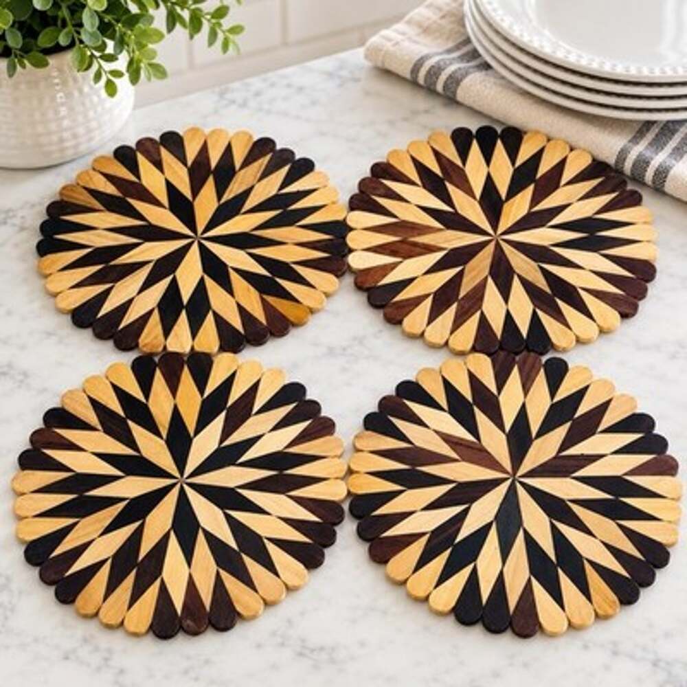 Set of 4 Wooden Starburst Trivets Black Brown Natural Wood Geometric Boho